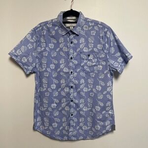 pd‎ & co stretch men's blue gingham floral short sleeve button down shirt size m